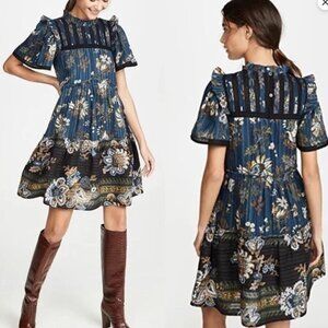 Sea New York Pascale Dress floral blue mini shirt sleeve Ruffle sz 2 XS